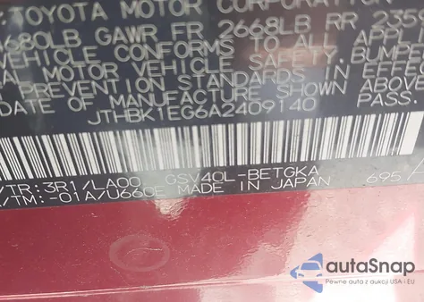 2010 Lexus Es 350 from USA, damaged, VIN JTHBK1EG6A2409140
